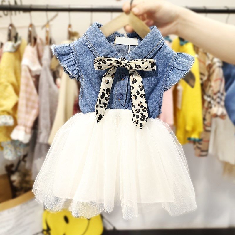 Girl's dress long sleeve denim net dress autumn dress new 2020 Korean Baby Girl Skirt princess dress foreign style