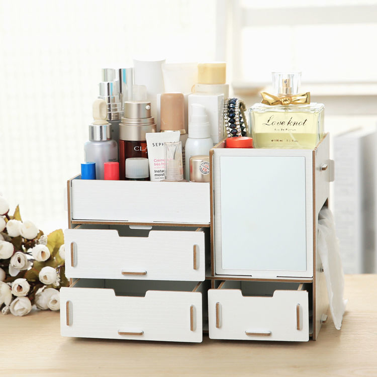 Net red wooden desktop finishing cosmetics storage box drawer with mirror lipstick skin care products dressing box storage rack