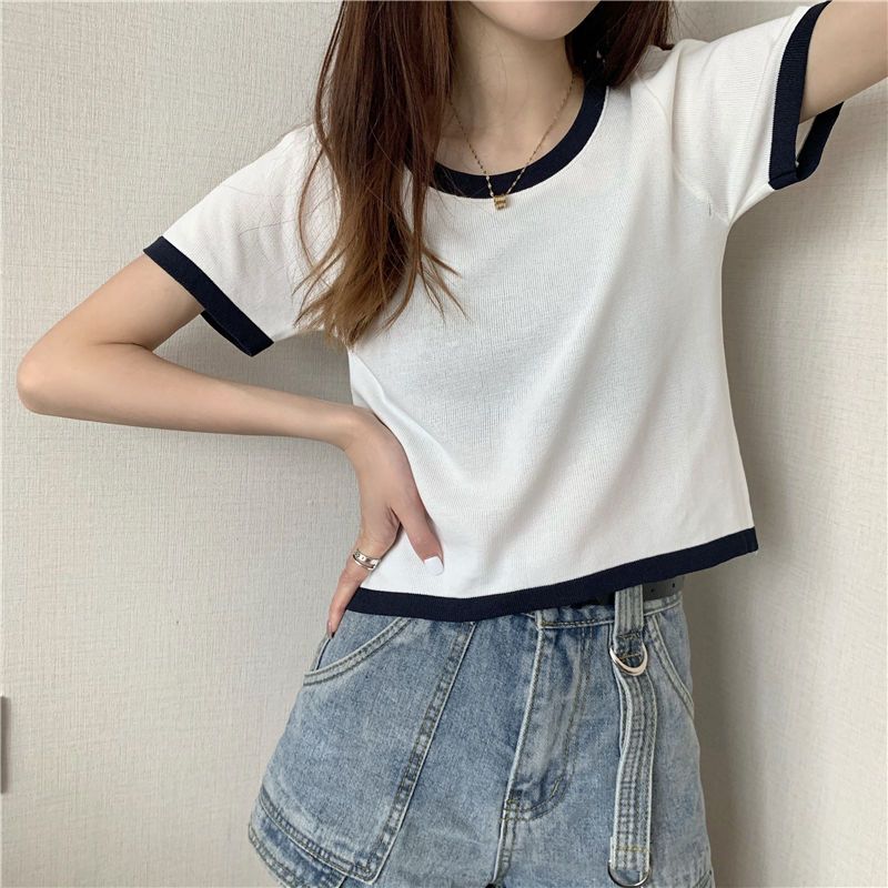 撞色短袖针织衫女装夏季新款韩版修身显瘦薄款短款白色T恤潮