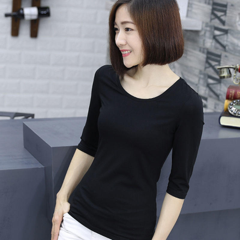 Spring and autumn white t-shirt women's mid-sleeve five-quarter sleeves all-match slim Korean top black bottoming shirt T-shirt