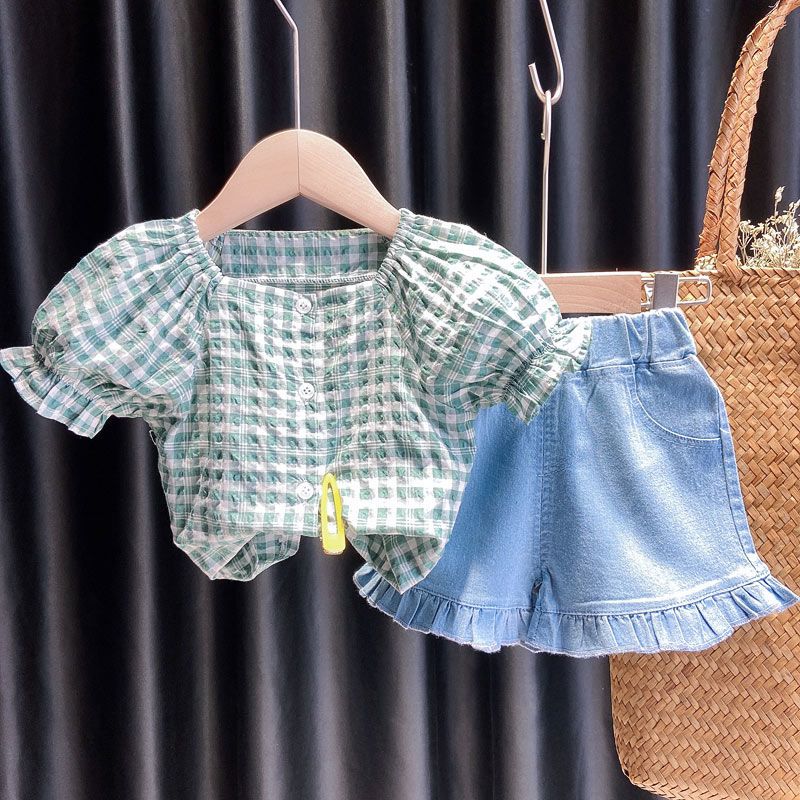 Girl's suit foreign style summer dress 2-year-old girl baby bubble sleeve doll's foreign style girl Denim Shorts 3 two piece set