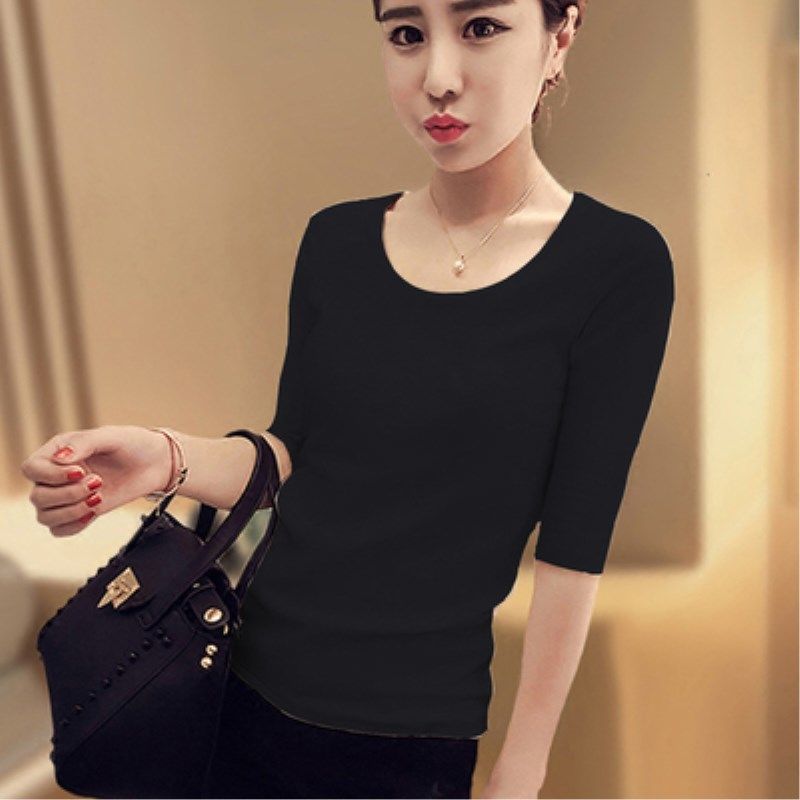 Spring and autumn white t-shirt women's mid-sleeve five-quarter sleeves all-match slim Korean top black bottoming shirt T-shirt