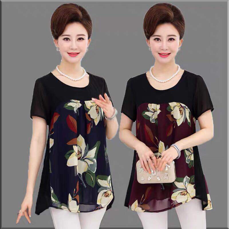 Middle aged and elderly women's Summer Short Sleeve T-Shirt Large middle aged mother's 40-50 years old loose chiffon shirt thin top