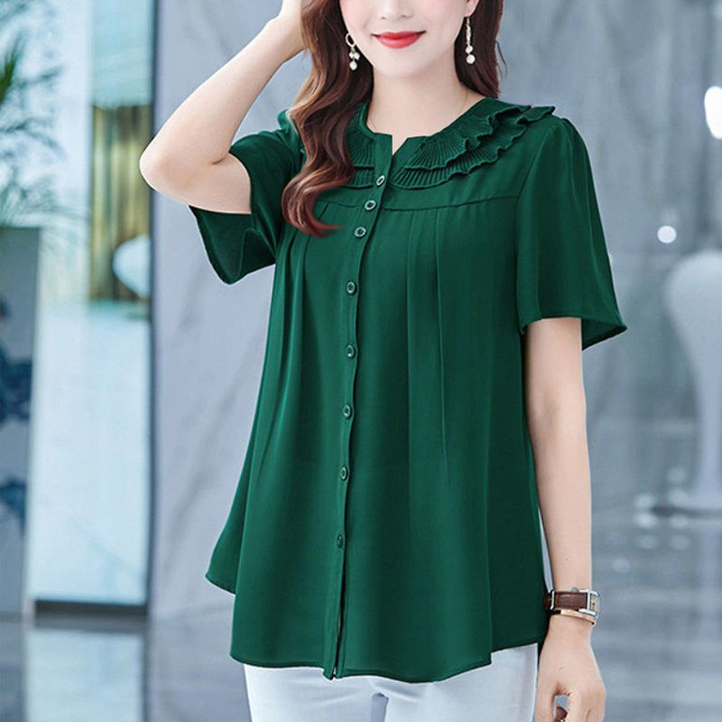 Mom's summer large short sleeve top women's foreign style middle aged and old people's skin covering and belly covering loose and thin shirt small shirt