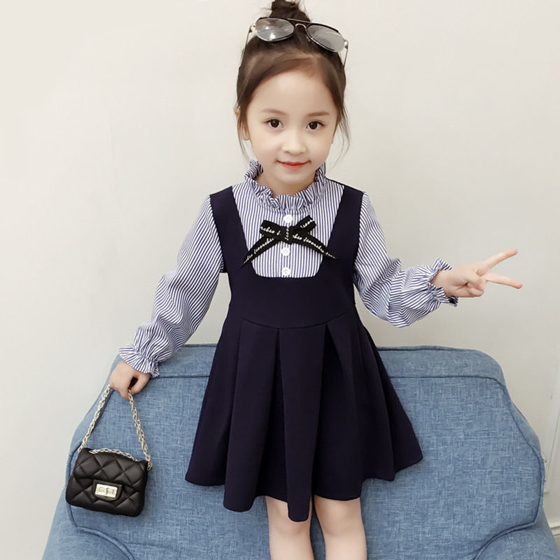 女童連衣裙秋裝2023新款韓版條紋學院風中小童兒童裝女孩裙子女