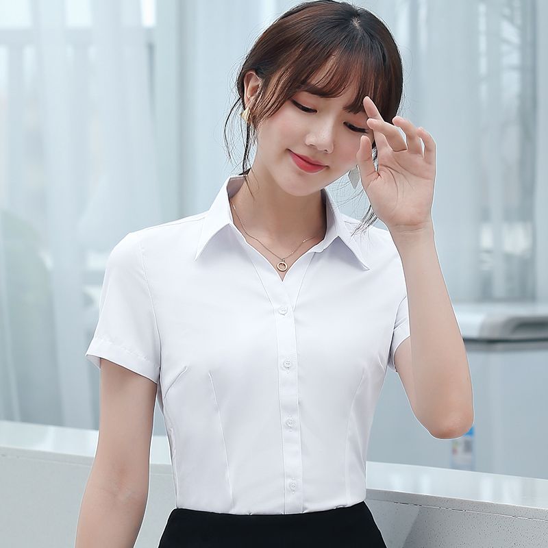 夏季V领职业衬衫女装正装短袖女衬衫工装女韩版白领工作服白衬衣