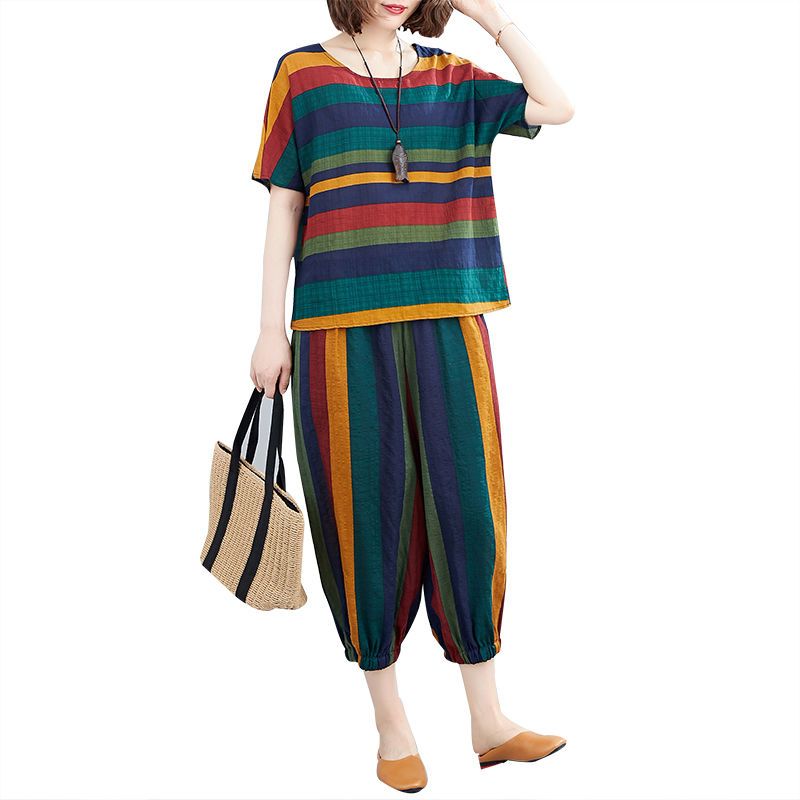 Cotton silk suit women's fashion foreign style 2021 summer dress new loose art RETRO stripe short sleeve casual two piece set