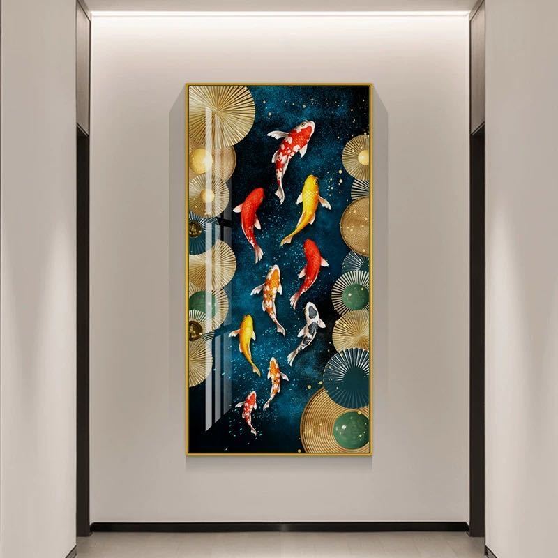 晶瓷画玄关装饰画九鱼图风水招财墙画竖版过道走廊玄幻客厅挂画