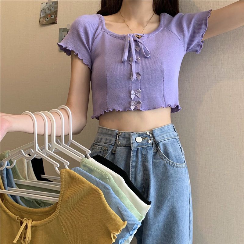 夏季新款韩版蝴蝶系带短袖针织衫女学生外搭修身短款紫色上衣