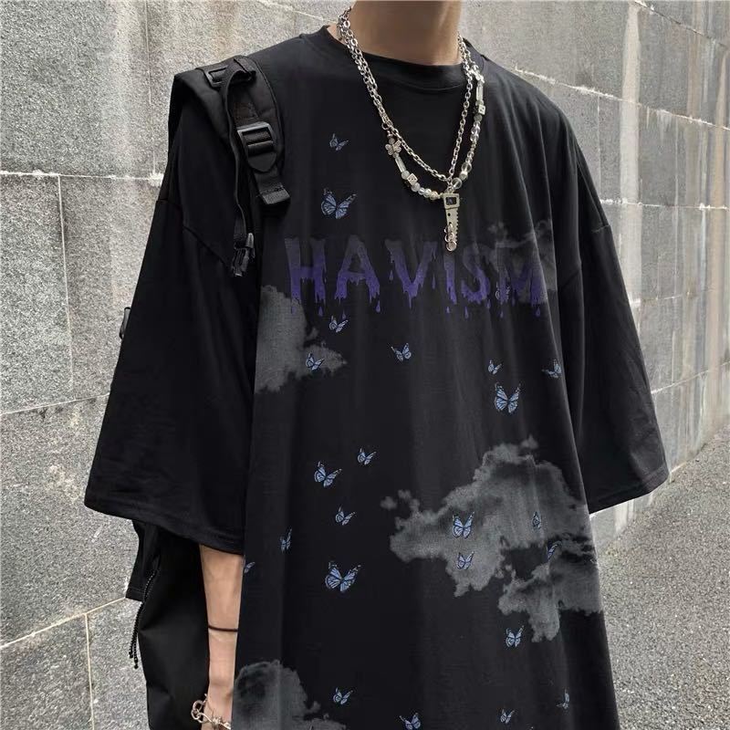 Summer new ins dark hip hop Street butterfly Cloud Print student loose short sleeve t-shirt men's and women's top