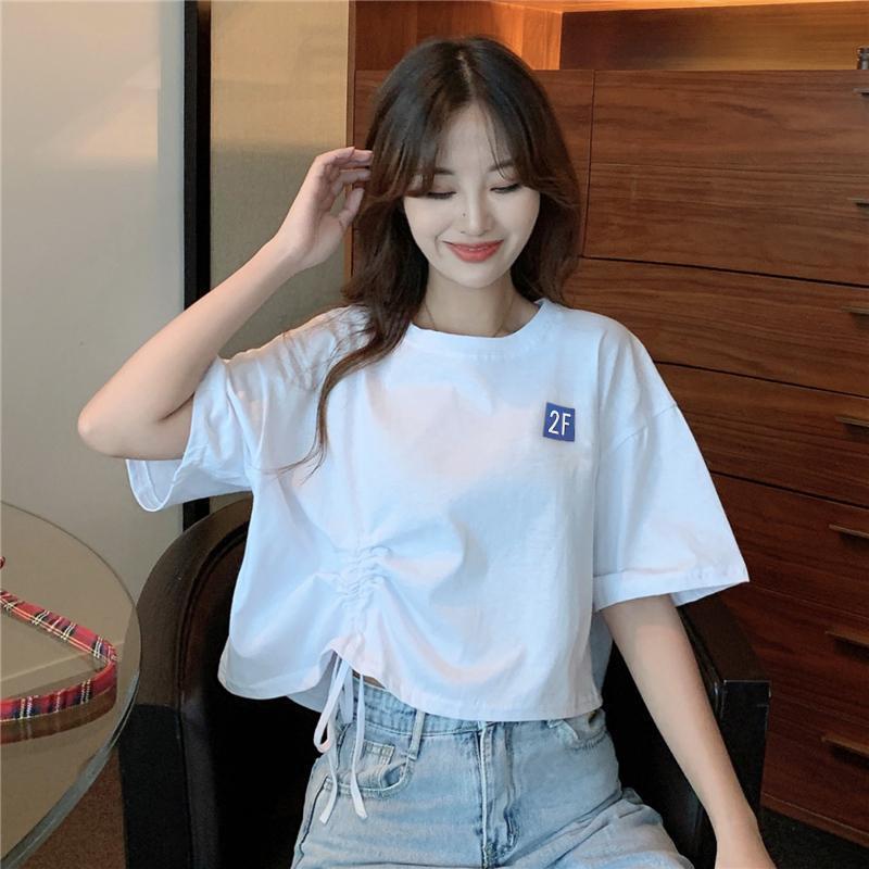 Korean version of loose design small draw cord navel high waist top summer elegant style short short sleeve T-shirt women's ins fashion