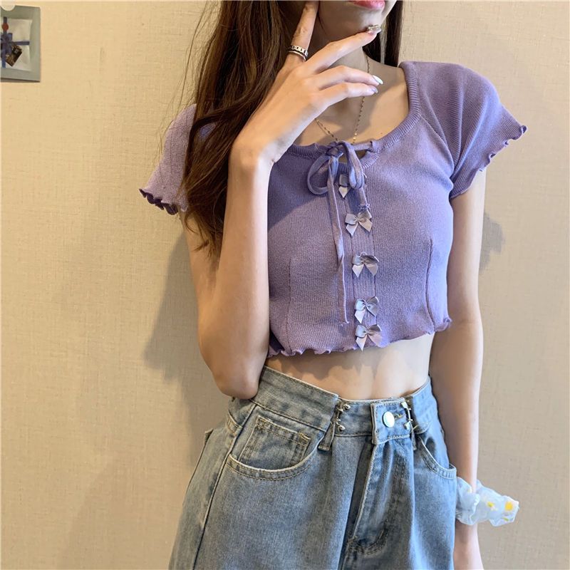 夏季新款韩版蝴蝶系带短袖针织衫女学生外搭修身短款紫色上衣