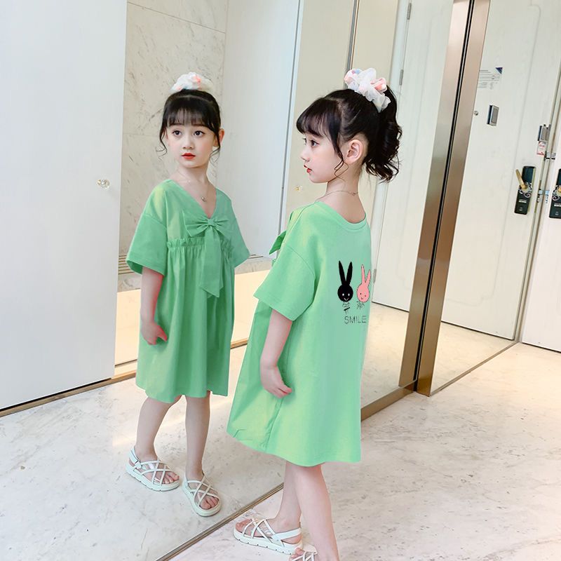 Girls' dress summer dress new foreign style girls' short sleeve long T-shirt skirt Korean summer children's skirt