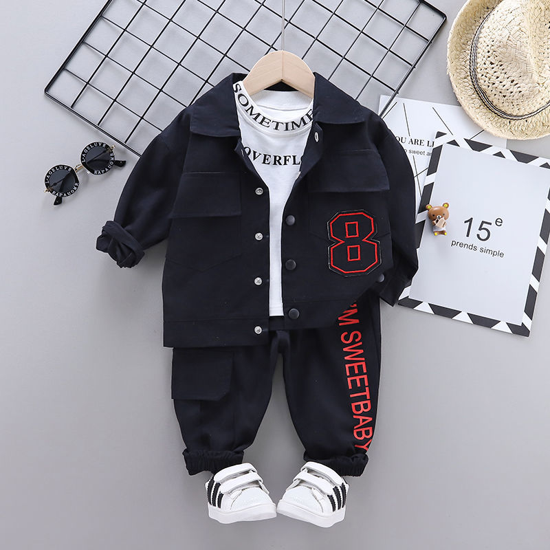Boys' autumn clothes suit male baby trendy tooling three-piece suit boy handsome early autumn foreign style children's clothing Korean version