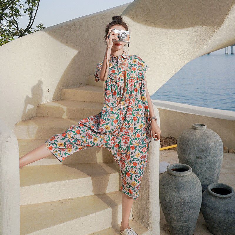 Floral Siamese suit women's summer 2020 new loose fashion slim net red Siamese wide leg pants