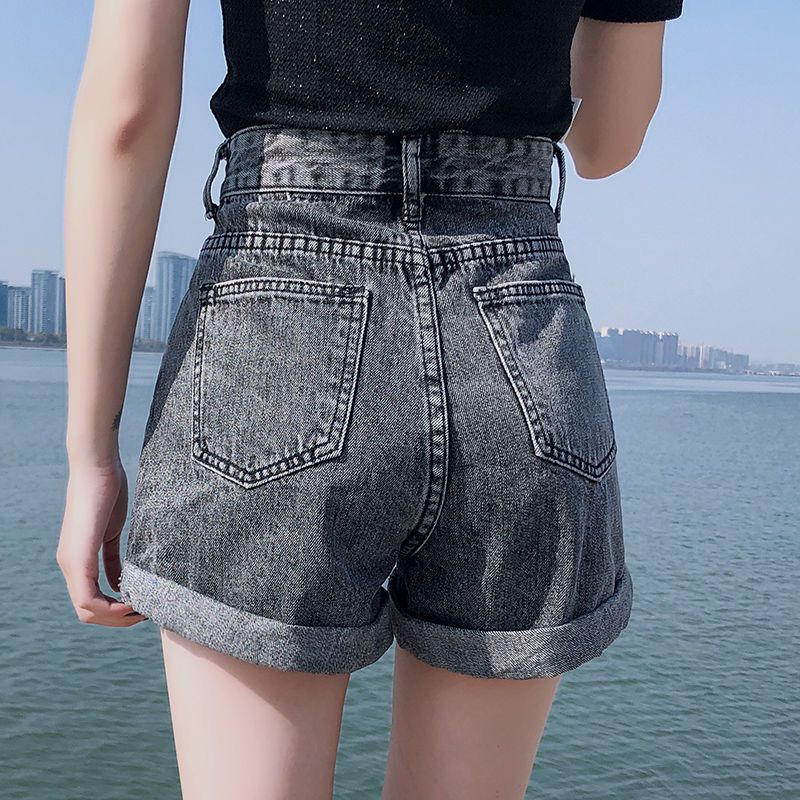 Grey denim shorts women's summer new high waist A-line thin loose large size fat mm curly hot pants