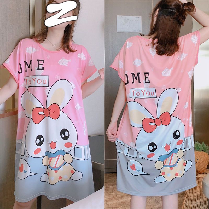 Nightdress female summer Korean loose short sleeve pajamas cute cartoon students long over the knee can wear net red home clothes