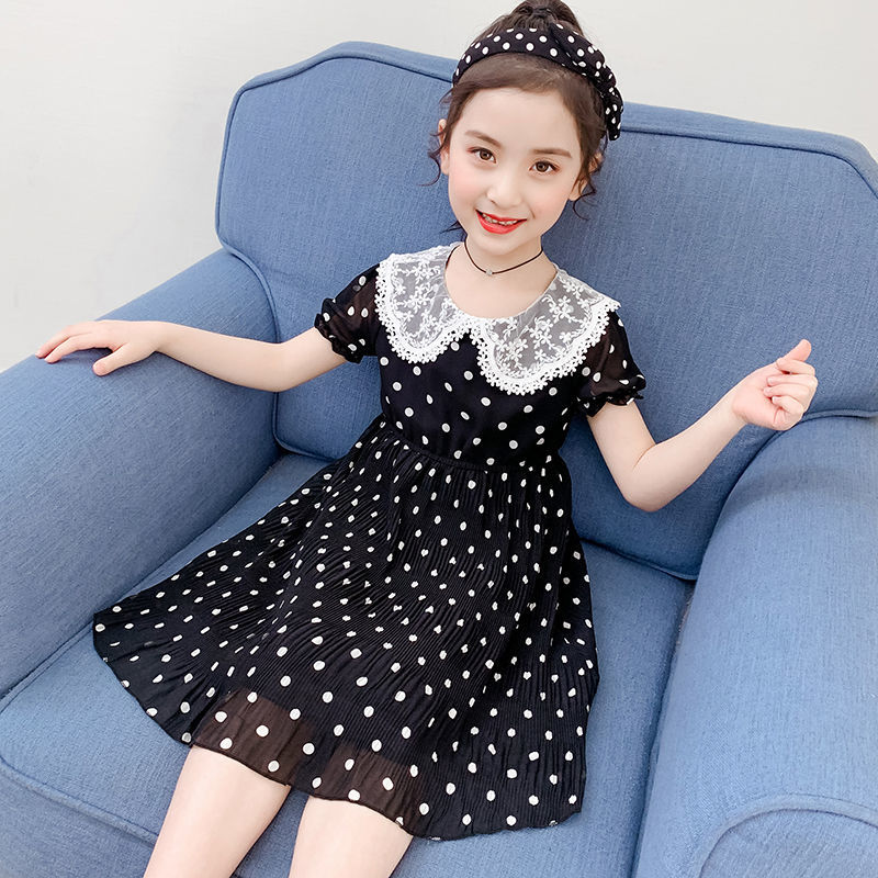 Girls' Chiffon Dress 2020 summer new style doll collar wave point skirt children's trumpet sleeve princess skirt