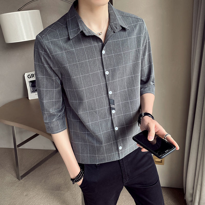 Short Sleeve Plaid Shirt Men's summer thin medium sleeve shirt Korean casual 7-point sleeve inch shirt trend half sleeve fashion