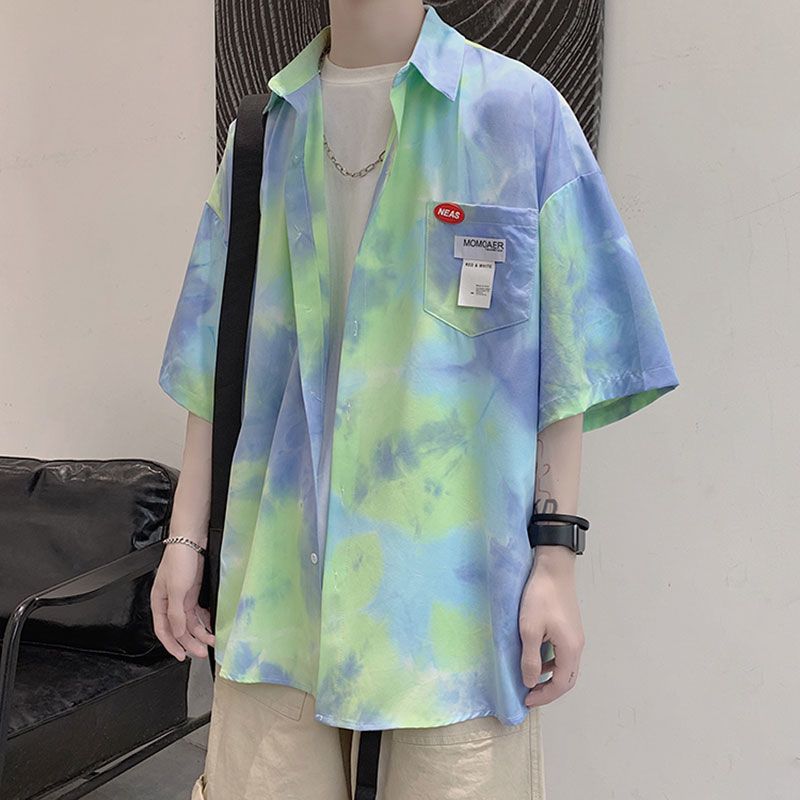 Tie dyed shirt men's short sleeve trendy loose 5-point ruffian shirt summer Korean fashion brand versatile inch shirt