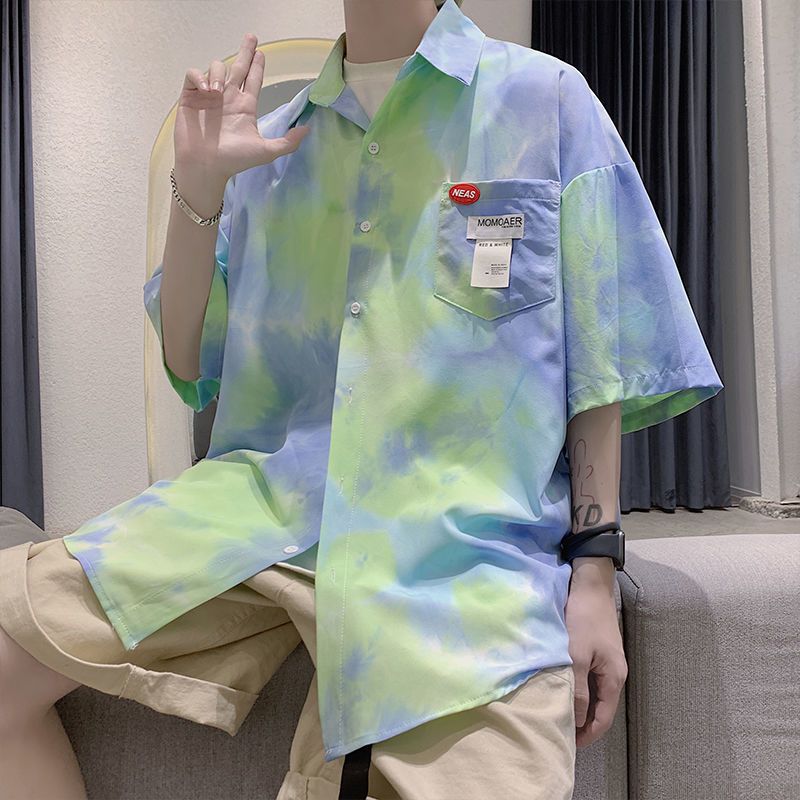 Tie dyed shirt men's short sleeve trendy loose 5-point ruffian shirt summer Korean fashion brand versatile inch shirt