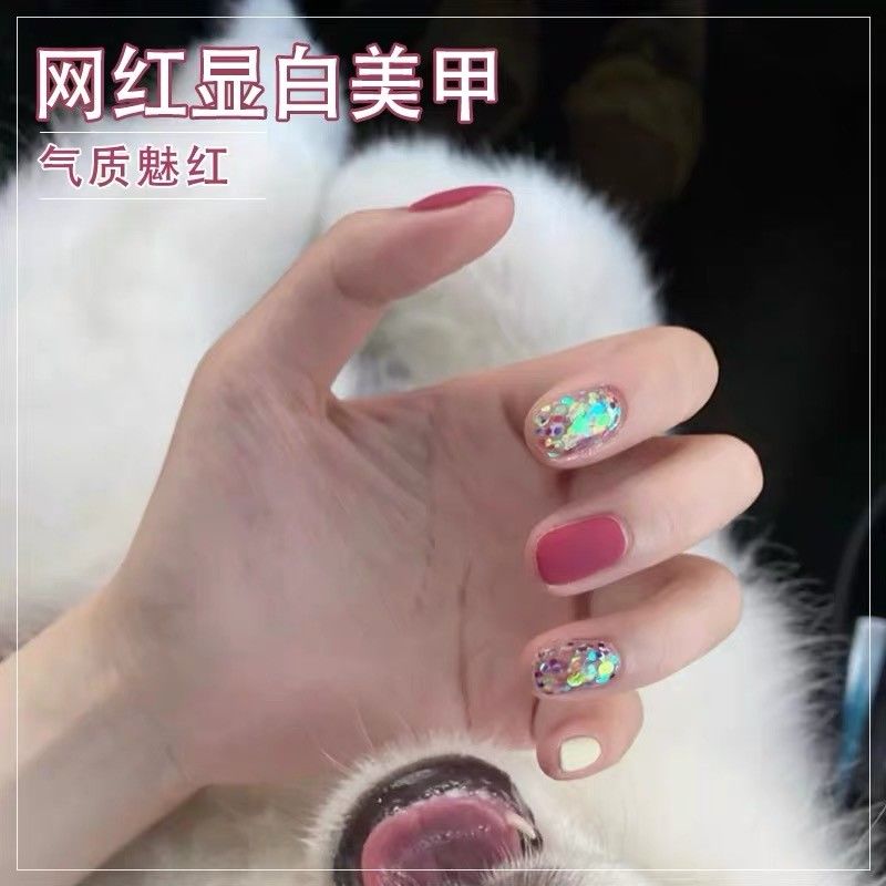 网红款魅红色美甲2020流行指甲油胶新款糖果爆闪亮片