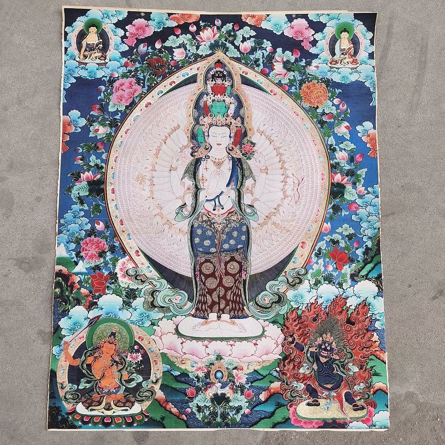 古玩收藏 千手观音牛皮纸唐卡人物画芯矿物颜料 佛堂供奉条幅壁画