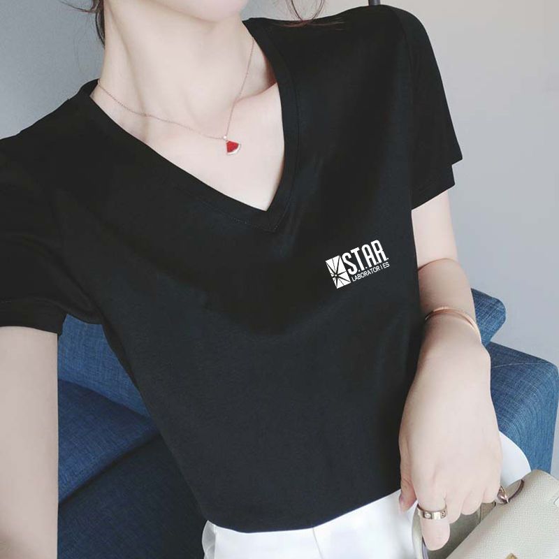 95棉 t恤女修身短款v领短袖女夏季新款白色韩版气质上衣t桖女