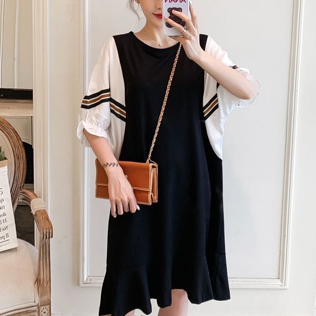 Extra large size 300 catties dress pregnant woman dress 2023 summer fat mm loose belly hidden meat fake two-piece T-shirt long skirt