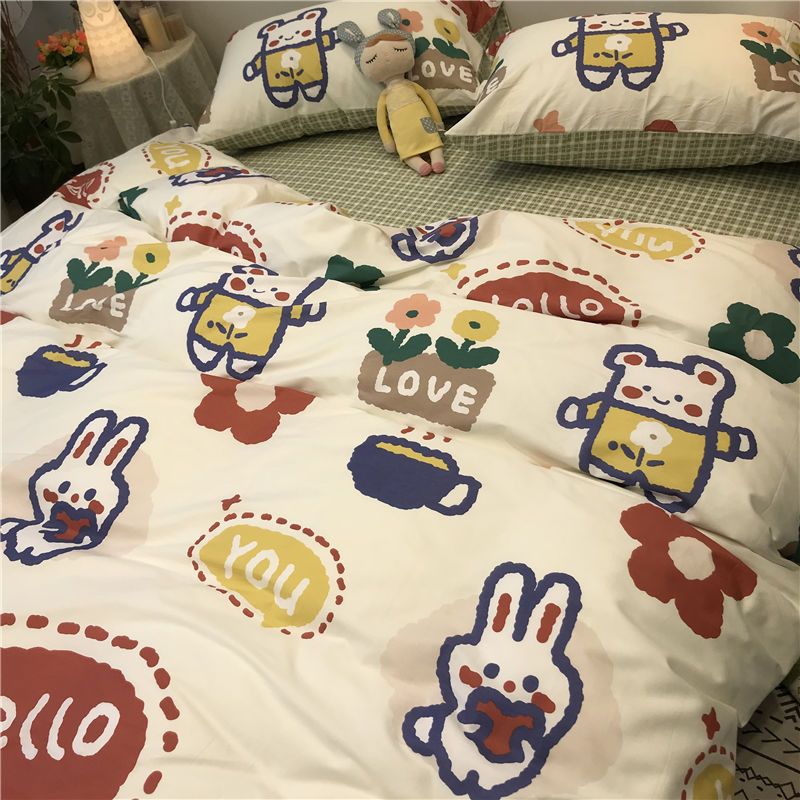 Cute cartoon single quilt cover, little bear four piece bedding set, simple and fresh washed cotton bed sheet, three piece quilt cover