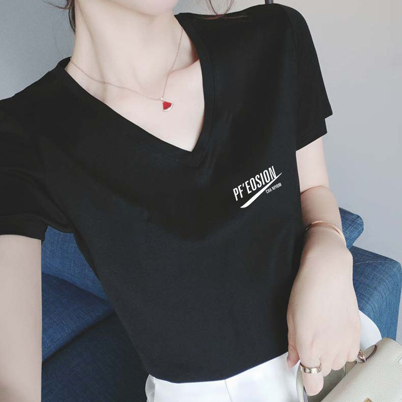 95棉 t恤女修身短款v领短袖女夏季新款白色韩版气质上衣t桖女