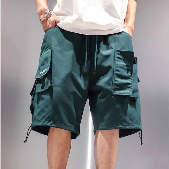 Pants men's summer Multi Pocket functional wind tooling shorts men's black trendy hip hop loose casual drawstring Capris