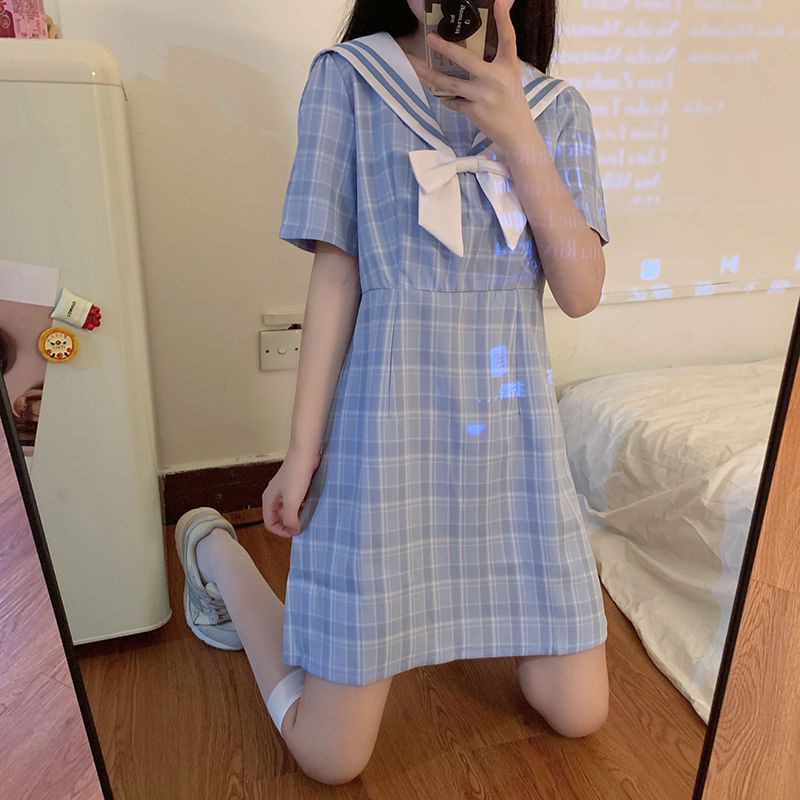 Sweet Japanese skirt 2020 summer new slim temperament small fresh navy collar plaid fake two-piece dress