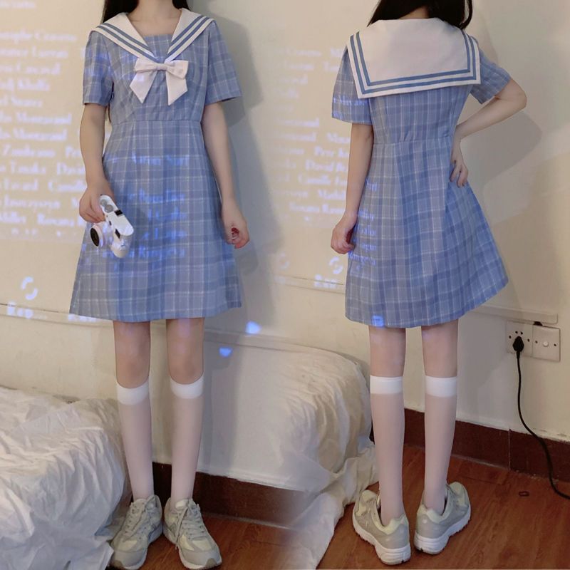 Sweet Japanese skirt 2020 summer new slim temperament small fresh navy collar plaid fake two-piece dress