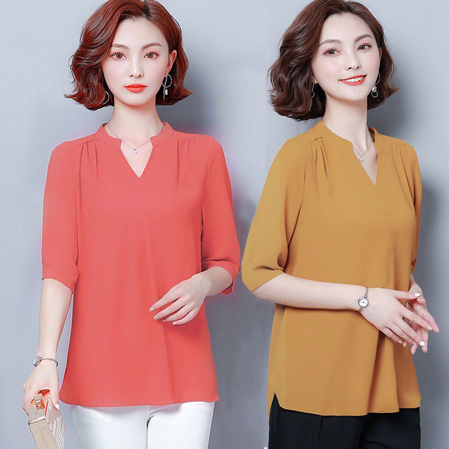 Chiffon Top Women's middle sleeve mother summer dress 2020 summer dress new middle-aged foreign style small shirt loose cover belly short sleeve