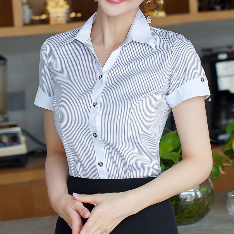 蓝色条纹衬衫女短袖夏季薄款竖条纹白色职业装v领工作服半袖衬衣