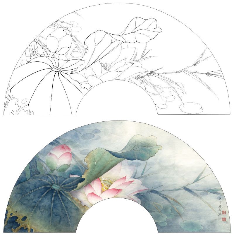 工笔画底稿李晓明白描底稿初学者临摹国画荷塘晓雾工笔画线稿ke01