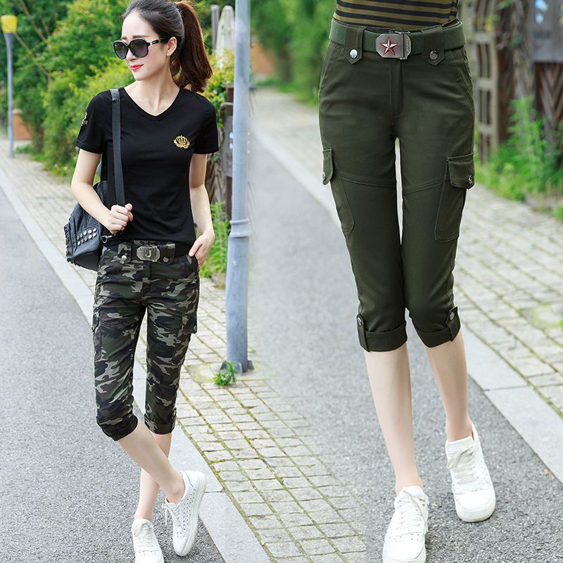 夏季新款迷彩军绿七分中裤大码休闲时尚运动马裤女宽松潮流军旅风