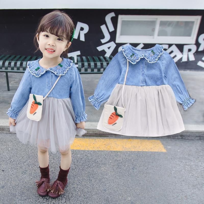Girls' denim dress 2020 spring and autumn baby mesh Princess Dress 2020 new FAIRY DRESS versatile skirt