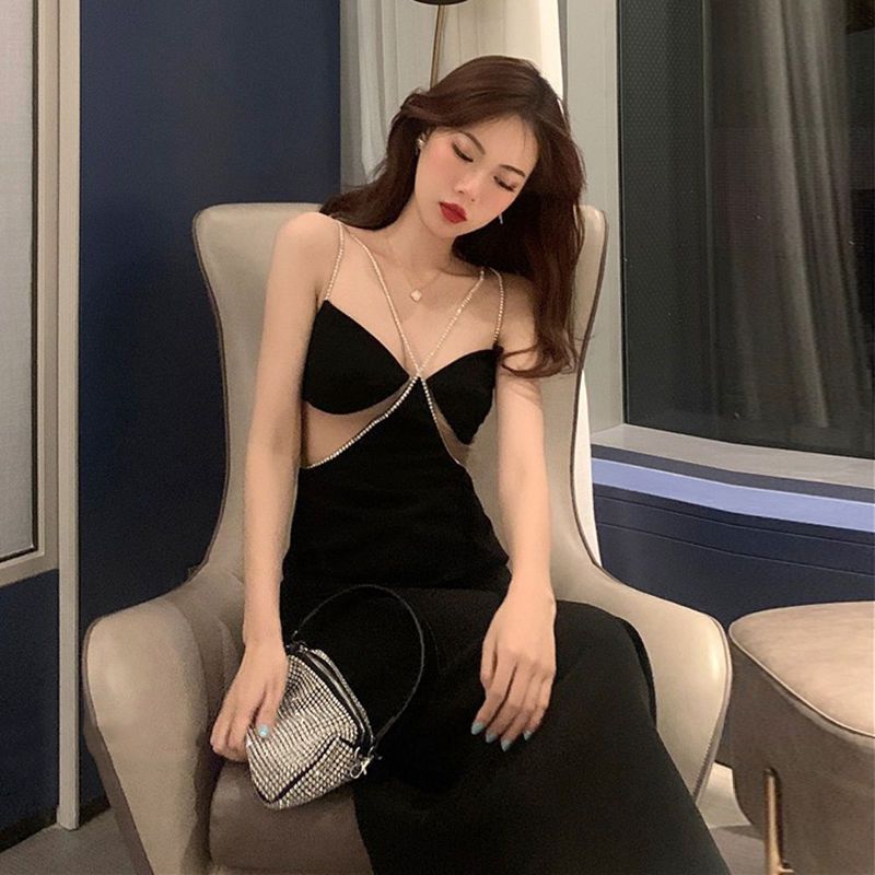 Dress femininity sexy gauze hollow out nightclub skirt V-neck goddess model black suspender dress long skirt