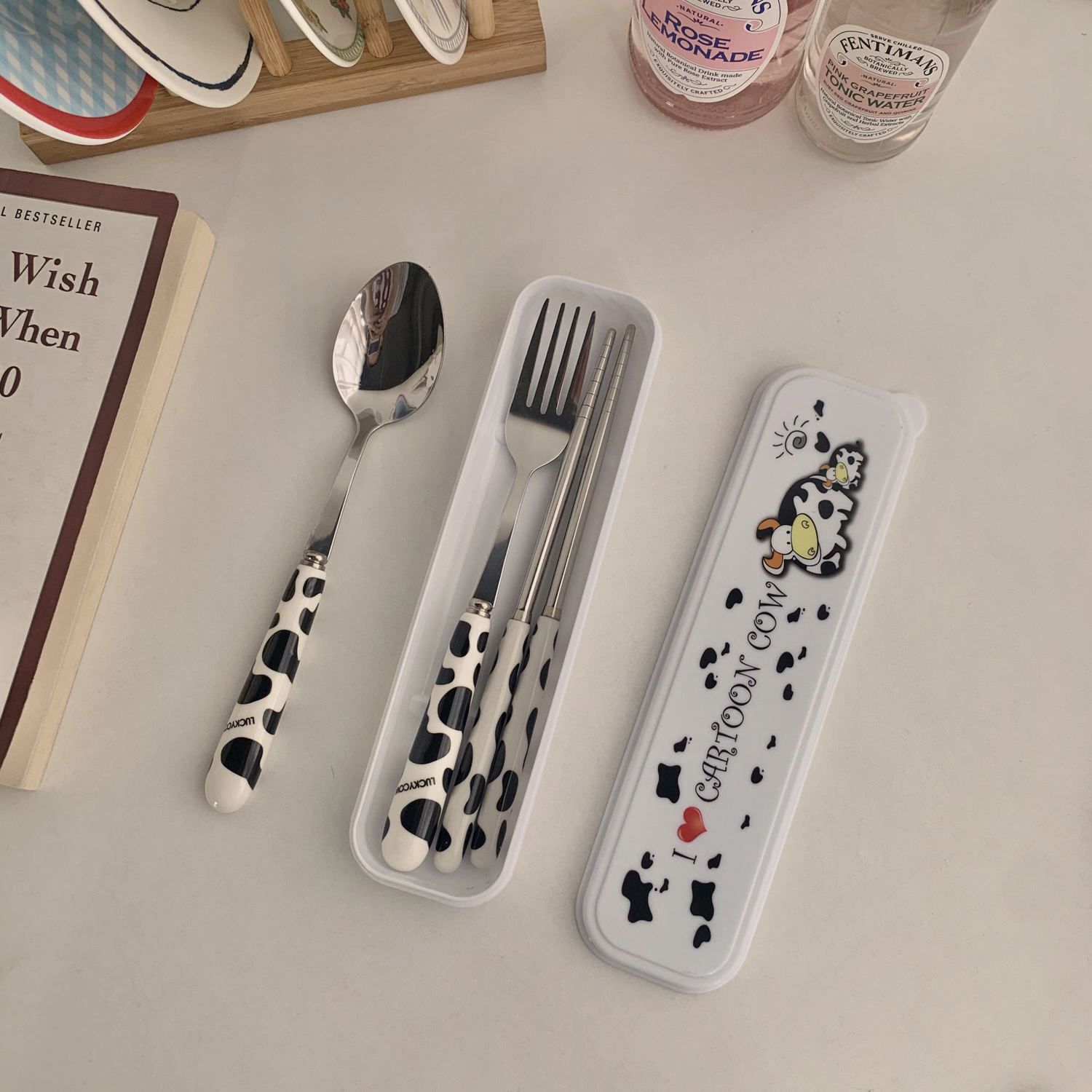 Lovely cow stainless steel fork spoon chopsticks three piece set Korean students single portable tableware travel box