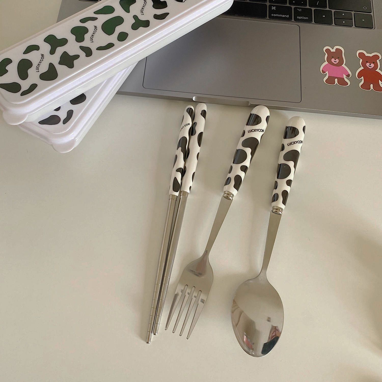 Lovely cow stainless steel fork spoon chopsticks three piece set Korean students single portable tableware travel box