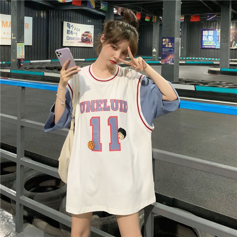 Korean version wear basketball dress women's loose BF wind summer new short sleeve T-shirt fake two ins fashion big version top