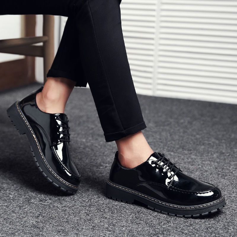 Youth black British shoes men's Korean fashion versatile student round tie casual shoes men's bright shoes