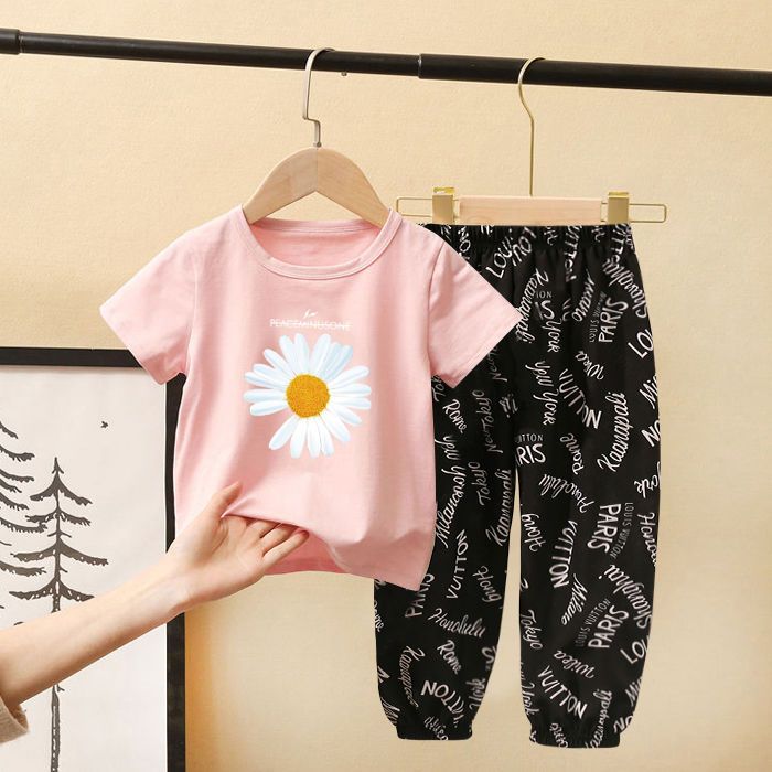 Girls' summer short sleeve suit pure cotton new children's summer Pants Boys' two piece set Korean fashion