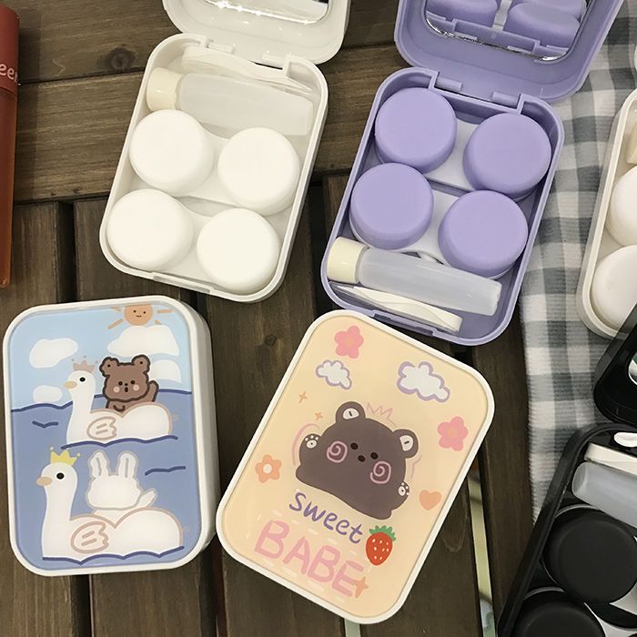 Korean ins cartoon pattern contact lens box double box portable cute square internet celebrity contact lens companion box