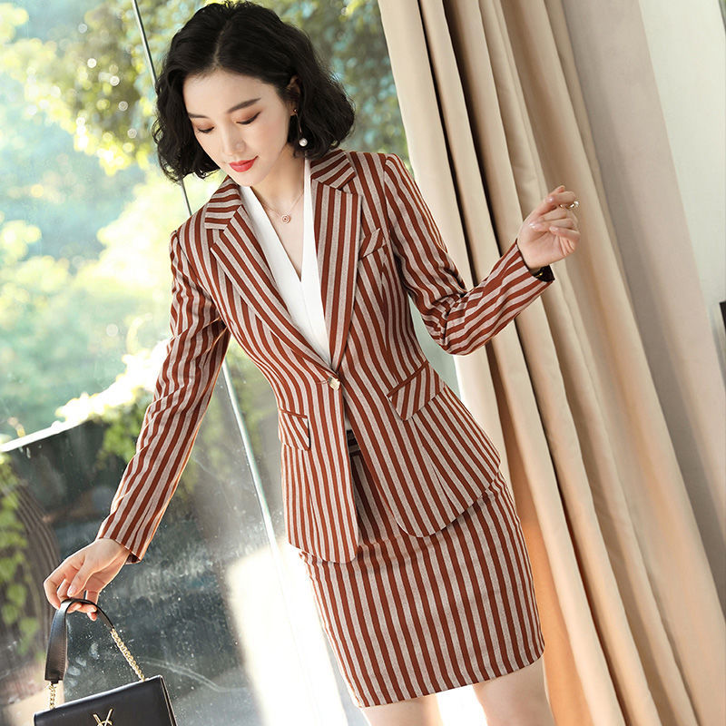 Women's Suits  Autumn Fashion High-end Professional Suit Casual Striped British Style Formal Dress