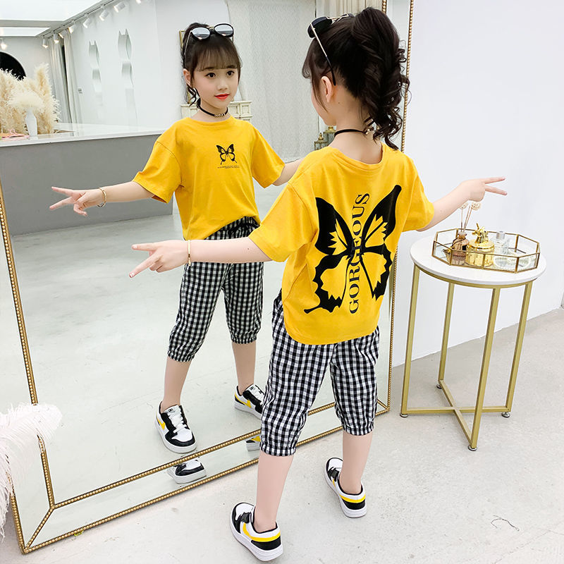 Cotton T-shirt girls' set net red summer wear 2020 new style foreign Korean girls' summer children's Capris