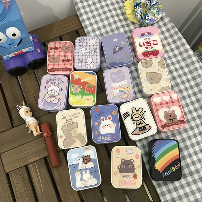 Korean ins cartoon pattern contact lens box double box portable cute square internet celebrity contact lens companion box