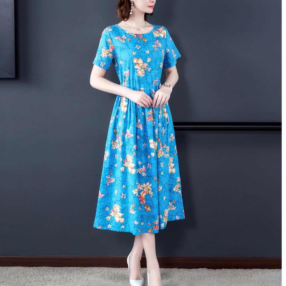 Ice silk elegant printed short sleeve dress 2020 summer new style loose waist show thin fashion long skirt